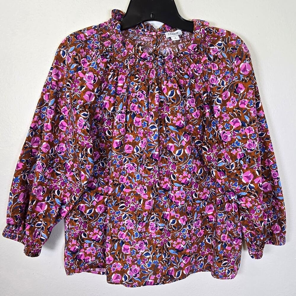 J Crew Ruffled Blouse Womens S Pink Brown Smocked Feminine Preppy Summer Classic